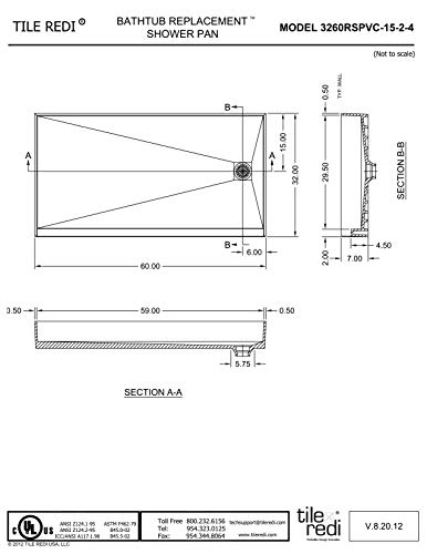 Tile Redi USA 3260RSPVC-15-2-4 Redi Base Shower Pan, 60" W x 32" D, Polished Chrome