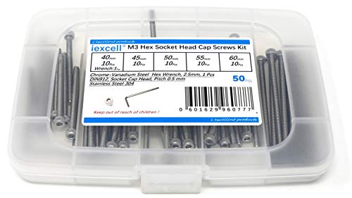 iexcell 50 Pcs M3 x 40/45/50/55/60mm Thread Pitch 0.5 mm Stainless Steel 304 Hex Socket Head Cap Screws Bolts Assortment Kit