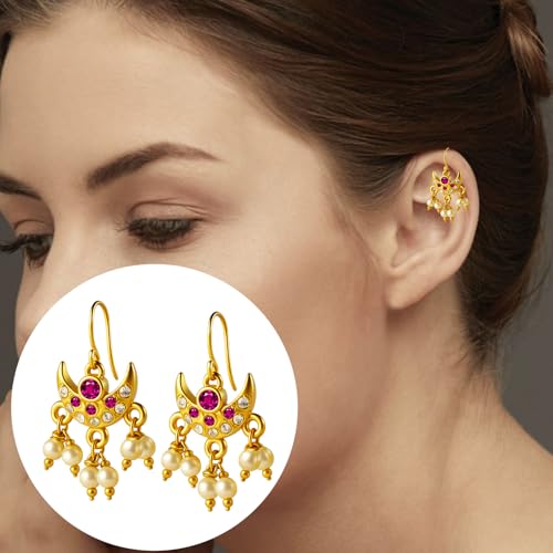 Image of VAMA FASHIONS 18K Gold Plated Anti Tarnish Half Moon Peacock Shape Traditional Maharashtrian Press on Bugadi Upper Ear Clip on Earrings For Women & Girls