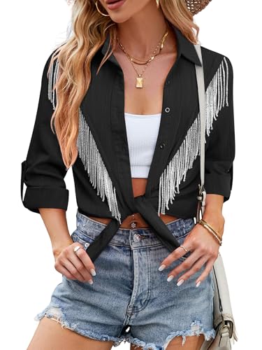 Image of MYMORE Womens Sparkly Fringe Shirt Western Cowgirl Country Concert Outfit