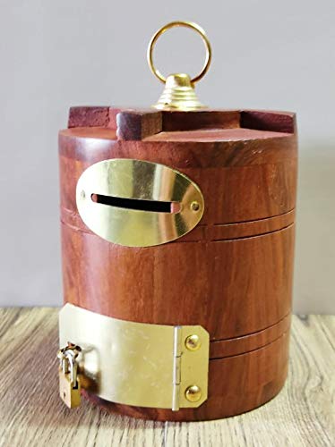 Hand Crafted Water Tank Shaped Wooden Money Box with Lock Piggy Bank Coin Box Children Gifts-image-13