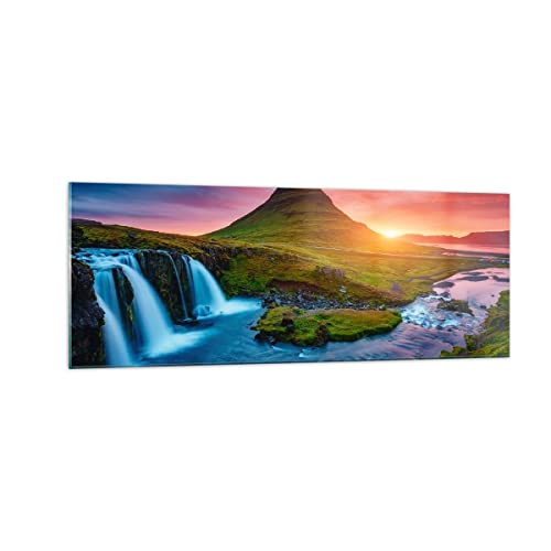 Moderne Impression sur Verre Coucher de soleil Cascade Islande volcan Image Tableau en Verre Decoration Murale 140x50cm Deco Salon Chambre Panoramique Grand XXL Tableaux Decoratifs Art GAB140x50-2963