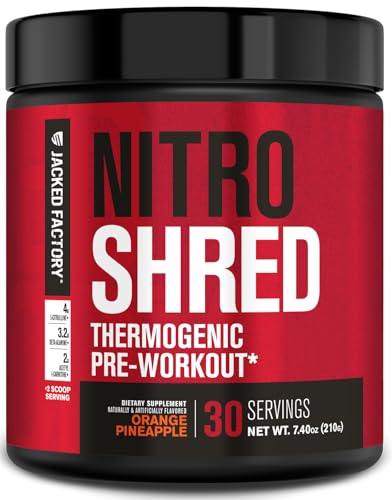 Jacked Factory NITROSURGE Shred Pre Workout Supplement - Energy Booster, Instant Strength Gains, Sharp Focus, Powerful Pumps - Nitric Oxide Booster & PreWorkout Powder - 30Sv, Orange Pineapple
