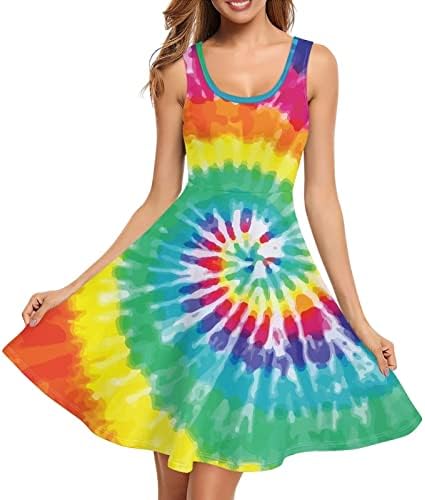 TOADDITDO Rainbow Tie Dye Painting Sleeveless Tank Dress for Women Ladies Summer Scoop Neck Loose Swing Sundress Knee Length Casual Dresses
