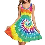 TOADDITDO Rainbow Tie Dye Painting Sleeveless Tank Dress for Women Ladies Summer Scoop Neck Loose Sw