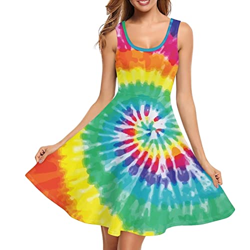 Toadditdo Rainbow Tie Dye Painting Sleeveless Tank Dress For Women Ladies Summer Scoop Neck Loose Swing Sundress Knee Length Casual Dresses #TOP3