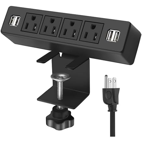 VILONG Desk Clamp Power Strip with USB Port, 4 Outlet Desktop Mount Charging Power Station,on Desk Edge Power Outlet Office Accessories - 6.5Ft Extension Cord Cover