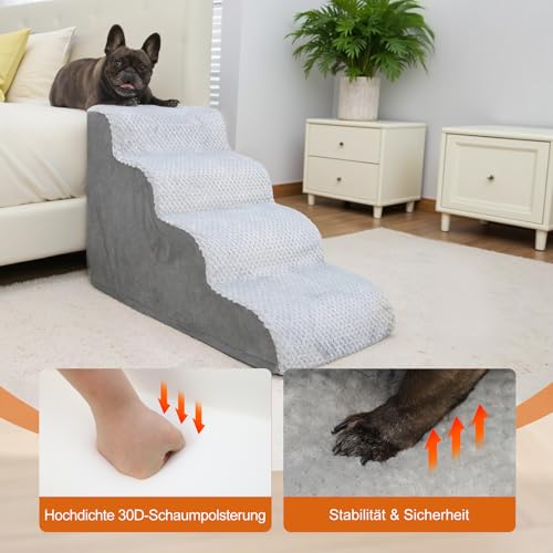 KSIIA Hundetreppe 4 Stufen, 50cm Hoch Haustiertreppe Hundetreppe für Kleine Hunde, Katzentreppe Hunderampe mit Waschbar Bezug für Bett, Couch, Sofa und Auto, 40x72x50cm, Grau