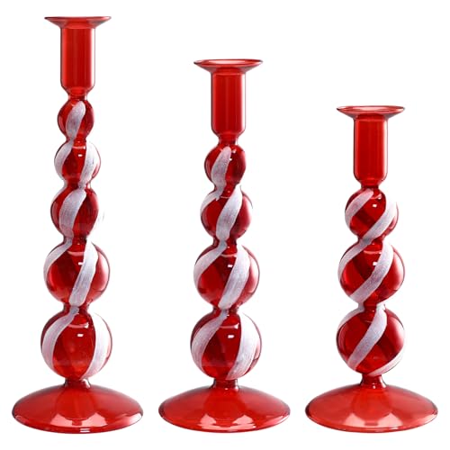Mumufy 3 Pcs Red and White Christmas Glass Candlestick Holders Christmas Ball Glass Taper Candle Holder Stick Decor for Xmas Holiday Wedding Home Table Centerpiece