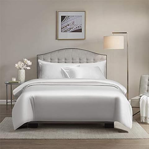 Chanyuan Silky Satin Duvet Cover Sets Double White Solid Color Smooth and Glossy 3 Pieces 100% Gloss Shiny Satin Polyester Quilts Set For 4 Seasons Cover