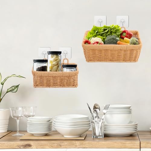 Cesta rectangular de mimbre decorativa para estantes y cajones de baño 7