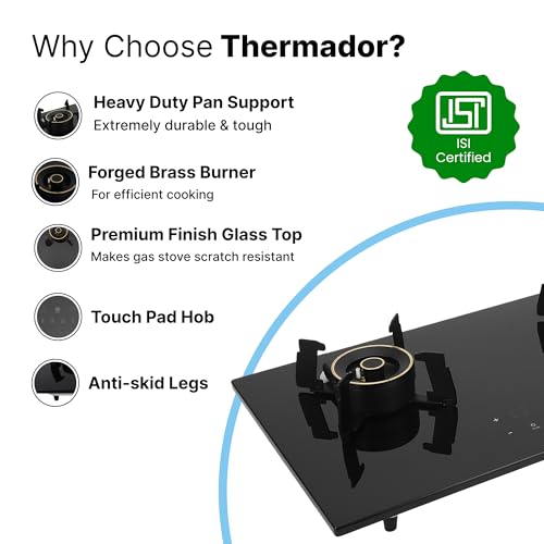Image of Thermador 2 Burner Gas Hob | Hob Gas Stove | Gas Stove 2 Burners | Triple Ring Brass Burner| Compact Knob Less Design | Built In Timer Function | ISI Certified |Flame Failure Protection| Black |