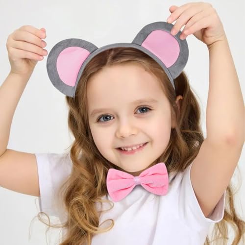 TUONYIS Mausohren-Haarreif, mit Maus, Krawatte, Mausschwanz, Tutu, Rock, Maus, Tierkostüm, Kopfschmuck für Kinder, Fasching, Cosplay, Karneval, Halloween, Kostüm (grau)