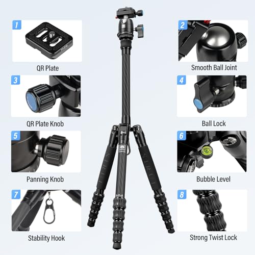 SIRUI Lightweight Carbon Fiber Travel Tripod, 52" Compact Camera Tripod with 360°Ball Head Kit, Detachable Center Column, Max Load 13.23lbs/6kg, Traveler 5CX