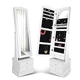 ENSTVER Luxury Stand Jewelry Armoire Set,72 LED Jewelry Cabinet with 2 Drawers Rotating Base 17W x 14D x 64H in (White)