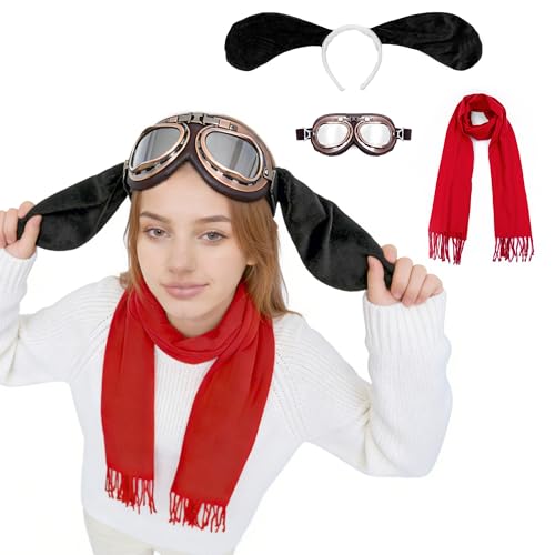 MORTICIA 3pcs Halloween Cosplay Dog Costume Accessories Set with Aviator Goggles Black Ears Headband Red Scarf Cosplay Animal Theme Party and Festival Activities Dress Up Kit for Adults Women