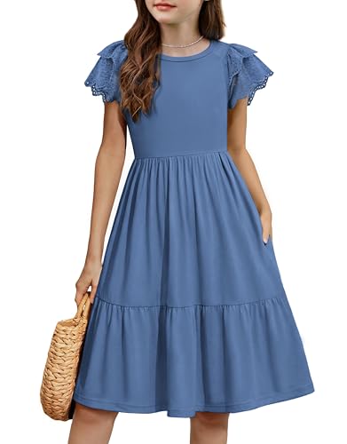 Arshiner Girls Summer Dresses Casual Flutter Sleeve A-Line Midi Dress with Pockets Grey Blue for 9-10 Years