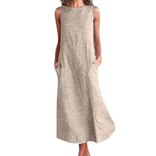 Dawwoti Vestido midi feminino de linho de algodão sem mangas, gola redonda, vestido longo listrado,