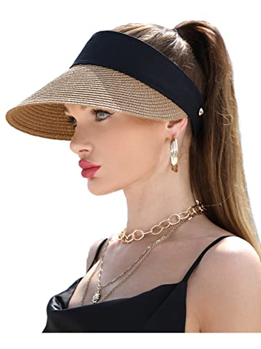 Womens Sun Hat Straw Visor Uv Protection Wide Brim Packable Travel Summer Cap For Beach Upf 50+(Khaki) #TOP5