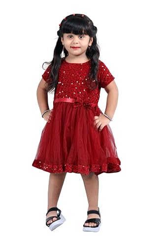 Image of Charming Girls' Kids Velvet & Net Frock with Knee-Length Short Sleeve A-line Round Neck Fit and Flare and Back Zipper Closure|Kids Dress for Baby Girls Birthday Outfit
