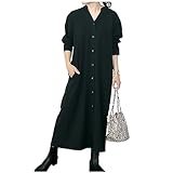 [グリーンティー] ゆったりロングワンピース シャツワンピ マキシ丈ワンピース 大きめ 清楚 エスニック Aライン 丈長め 着痩せ 綺麗目 冬 ノーカラー 黒色 ブラック L