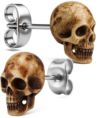 Sustainably Sourced Organic Bone Skull Earrings for Women or Men - Stud Skeleton Ear Rings - Gothic Skeleton Jewelry