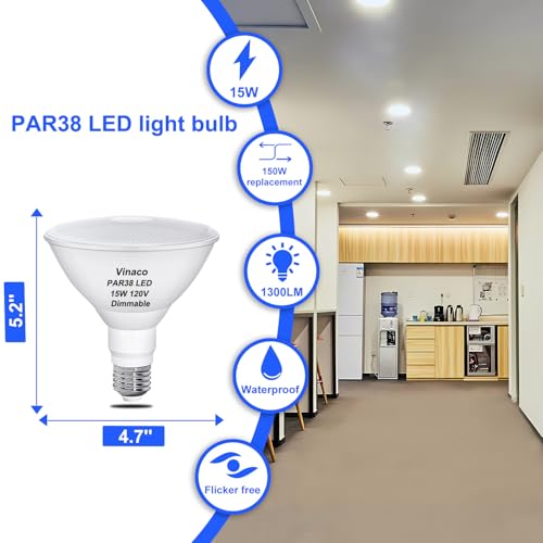 Image of Vinaco Waterproof PAR38 LED Flood Light Bulb Dimmable 15W 120V 5000K