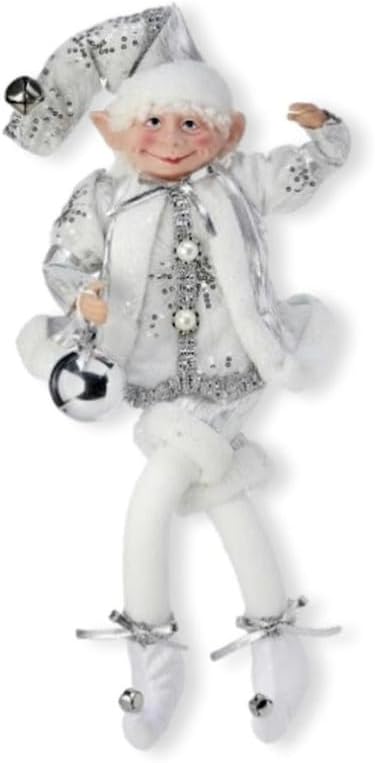 The Bridge Collection 17" Silver & White Poseable Winter Elf - Large Holiday Christmas Elf Figurine with Jingle Bell & Snowflakes