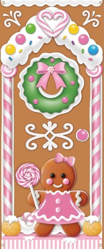 Pink Christmas Gingerbread House Door Cover Decorations - Gingerbread Door Banner for Candyland Party Backdrop Decor Indoor Outdoor, 72×30 Inches