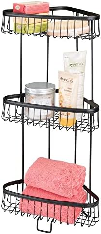 mDesign Corner Shower Stand - Practical Bathroom Trays with 3 Levels for Shampoos, Shower Gels, Towels and More - Freestanding Shower Baskets - Matte Black