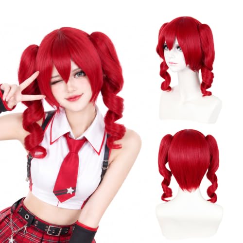 LABEAUTE Red Cosplay Wig with Double Pigtails High Quality Heat Resistant Synthetic Anime Wig for Cosplay Virtual Idol Role Play
