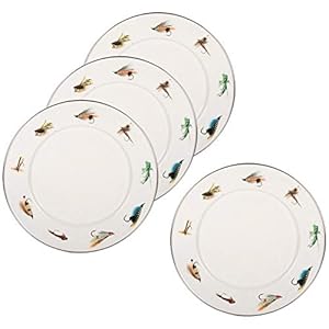 Golden Rabbit Enamelware – Set of 4-10.5″ Dinner Plates (Fishing Fly)