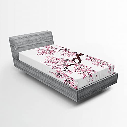 Ambesonne Japanese 2 Pack Fitted Sheet, Sakura Branch Blossoms, Bed Cover All-Round Elastic Deep Pockets 2 Pieces, Package Contains 2 Twin Size Fitted Sheets, Pink Brown