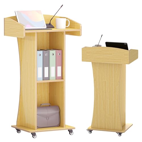 Qriocioa Podium Stand with Metal Wheels Wooden Lectern Podiu