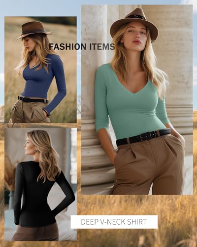 Riyiper 4 Pack Women's Deep V Neck T-Shirts, Long Sleeve Cotton Slim Fitted Tee Tops Casual Fall Basic Tee Shirts4