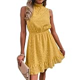 AYNEFY Frau Sommer Chiffon Kurzes Kleid Lässige Rüschen Sommerkleid Spitze Stehkragen Ärmelloses Kleid für Den Alltag(S-Gelb)
