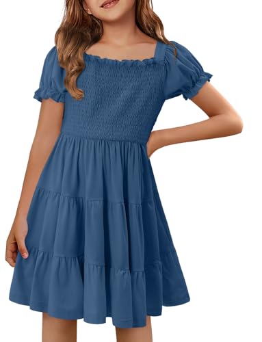 Yoklass Girls Casual Smocked Dress Square Neck Puff Short Sleeve Ruffle Dresses 4-13 Years2