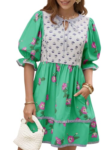 Image of Wenrine Womens Casual Floral Mini Dress Summer Patchwork Boho Shirt Dresses