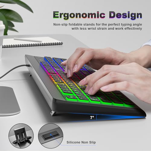 Image of Atelus Large Print Backlit Keyboard, USB Wired Computer Keyboard, Full Size Keyboard with Rainbow Illuminated LED Compatible for Windows Desktop, Laptop, PC, Gaming, Black