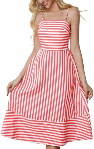 Image of Women's Striped Sleeveless A Line Beach Summer Dress Spaghetti Strap Backless Smocked Cutout Ruffle Midi Dresses Red