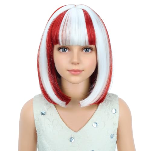 PATTNIUM White and Red Bob Wig for Kids Girls Short Straight Wig with Bangs Cosplay Party Synthetic Rose Net Daily Wear Wig