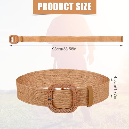 2pcs Braided Waist Belts for Women, Braided Dress Belt Straw Woven Elastic Belt with Square Button Boho Wide Stretch Braided Belt for Girls Women (Black, Light Camel)2