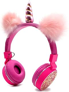 Bluetooth 5.0 Unicorns Headphones with Fluffy Cat Ears for Kids, Kids Headband Earphone