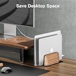 Support vertical pour ordinateur portable, double fente en bois de noyer Porte ordinateur portable pour bureau, en bois naturel & Aluminium Largeur Ajustable Dock pour MacBook et autres ordinateurs portables