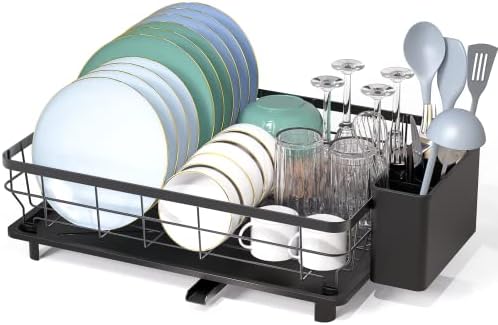 LIONONLY Large Dish Drying Rack with Drainboard, Stainless Steel Dish Rack for Kitchen Counter,Detachable Dish Drainer Organizer Shelf with Utensil Holder Set (Black)