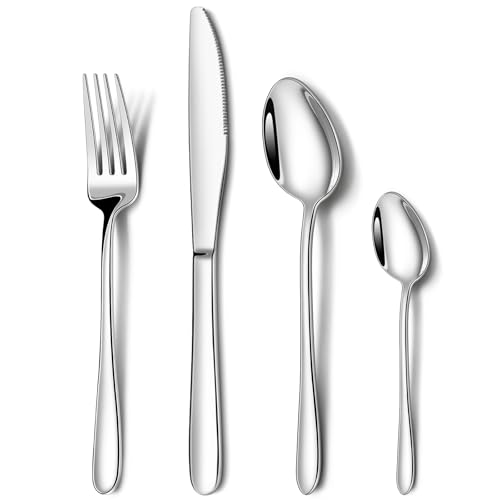 16 Piece Cutlery Set for 4 NINIROR Stainless Steel Flatware Set - Mirror Polished Dishwasher Safe Silverware Includes Spoons Knives & Forks - Food-Grade for Home Kitchen Restaurant