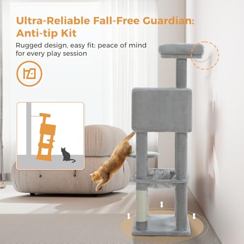 Image of MUTTROS Cat Tree for Indoor Cats, 44.5 inch Multi-Level Cat Tower with Large Metal Frame Hammock, Cat Condo with 2 Scratching Posts and Top Perch for Small to Medium Cats, Grey