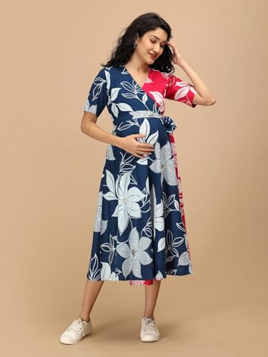 Image of The Mom Store Maternity Wrap Dress | Pre and Post Pregnancy Wear | Nursing Dress for Women | Trendy Stylish Pregnancy Friendly Dress