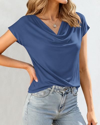 BTFBM Cowl Neck Tops for Women 2026 Summer Womens Tops Dressy Casual Business Blouses Short Sleeve Shirts Spring Outfits(Dark Blue, Medium) — view 4