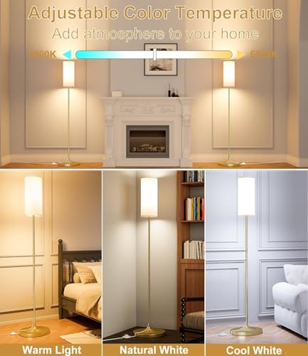 Image of luckystyle LED Floor Lamp for Living Room, Dimmable Standing Lamps with Foot Switch,Remote Custom Color Temperature Gold Pole Lamp with Lampshade,12W Led Bulb Tall Lamps for Bedroom Office Kid Room